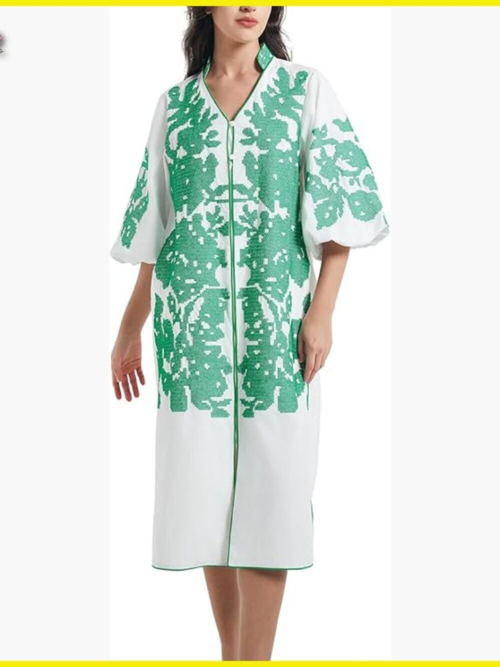 Floral Embroidered Midi Dress V-Neck Loose Fit Casual Chic Party Wear